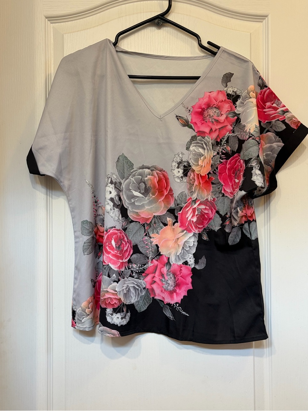 SHEIN Gray and Pink Floral V-Neck Tunic